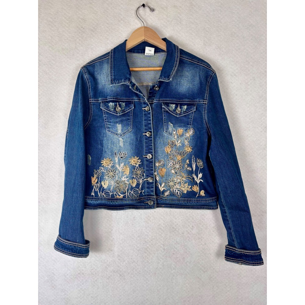 Floral Embroidered Denim Jacket Size XL Boho Distressed Jean Cottage Western